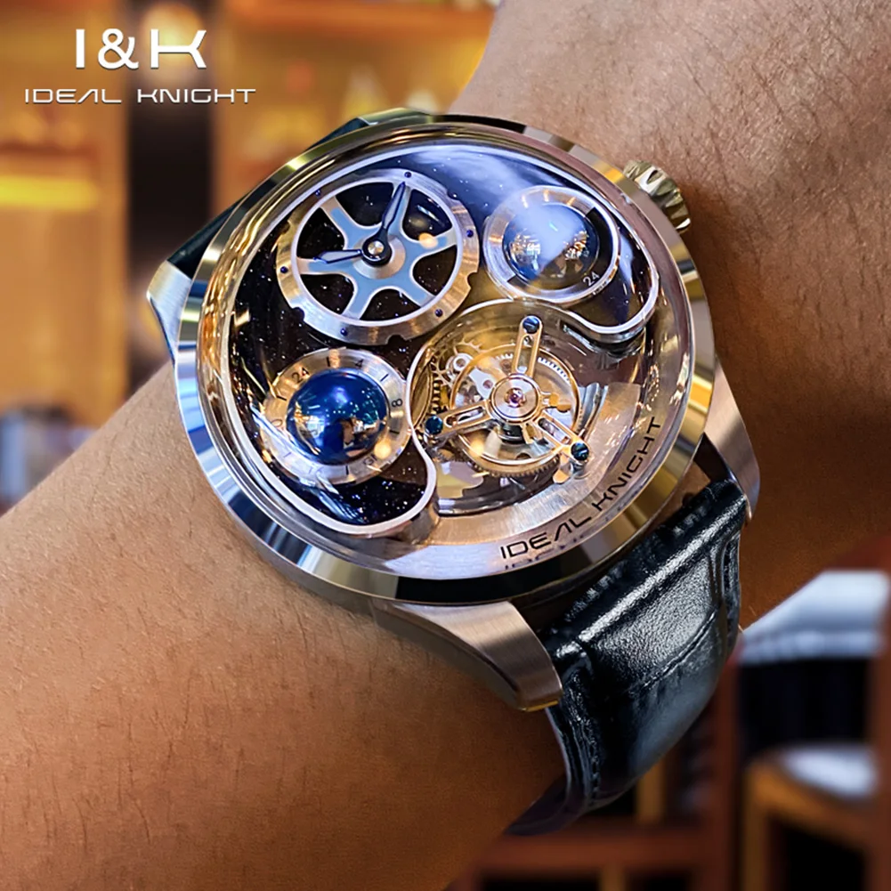 IDEAL KNIGHT 6808 Men Watch Hollow Tourbillon Watch Blue Earth Dial GMT Multi Time Zone Setting All Automatic Mechanical Watch