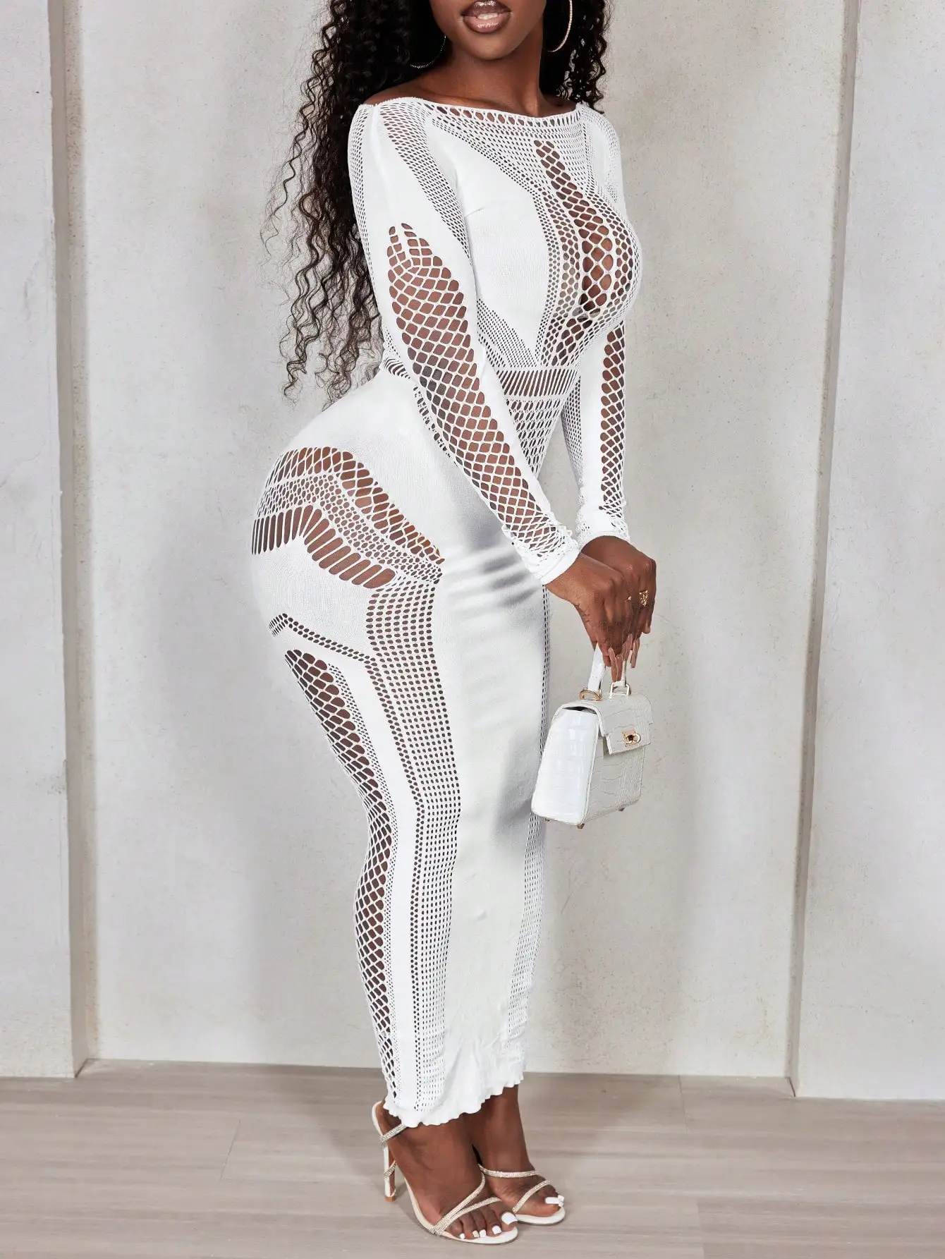 Sukienka damska z długim rękawem, obcisła, z siateczki z wycięciami, jesienna odzież damska.