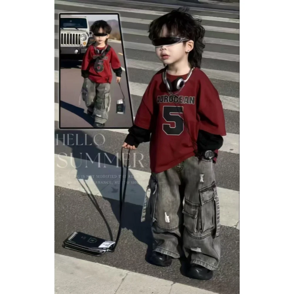 Boys Cotton Set 2026 Spring Autumn New Korean Children's Baby Fashion Color Blocked Sweatshirt+Cowboy Cargo Pant 2pcs Set