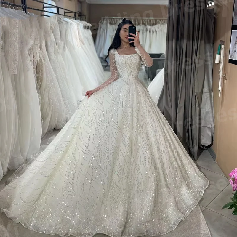 Espumante uma linha feminina pescoço quadrado vestidos de casamento novia manga longa lantejoulas vestidos de noiva personalizado robe de mariée