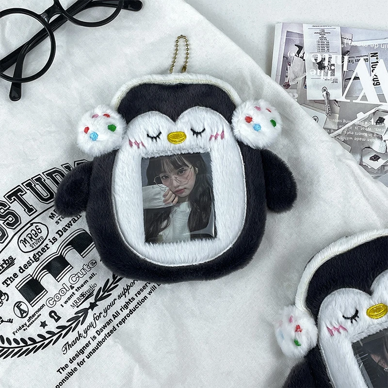 Tarjetero de peluche de pingüino de dibujos animados, fundas de exhibición para álbum de fotos Kpop, llavero, tarjeta de identificación, tarjeta de estudiante, regalos protectores para niñas