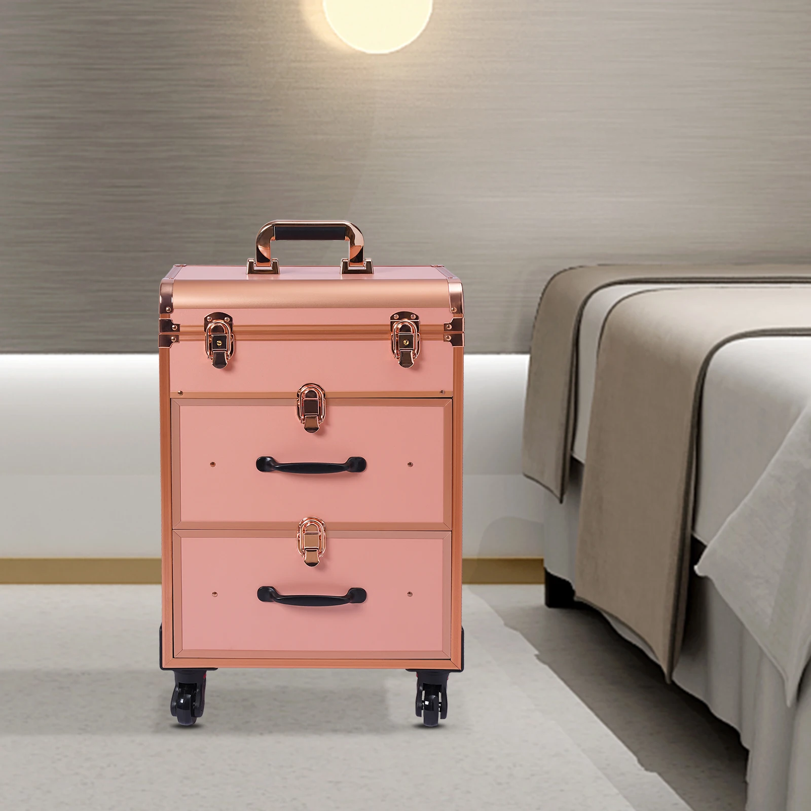 Rolling Makeup Case Large Cosmetic Trolley with Locks & Dividers Aluminum Alloy Frame Frosted Universal Wheel Retractable Handle