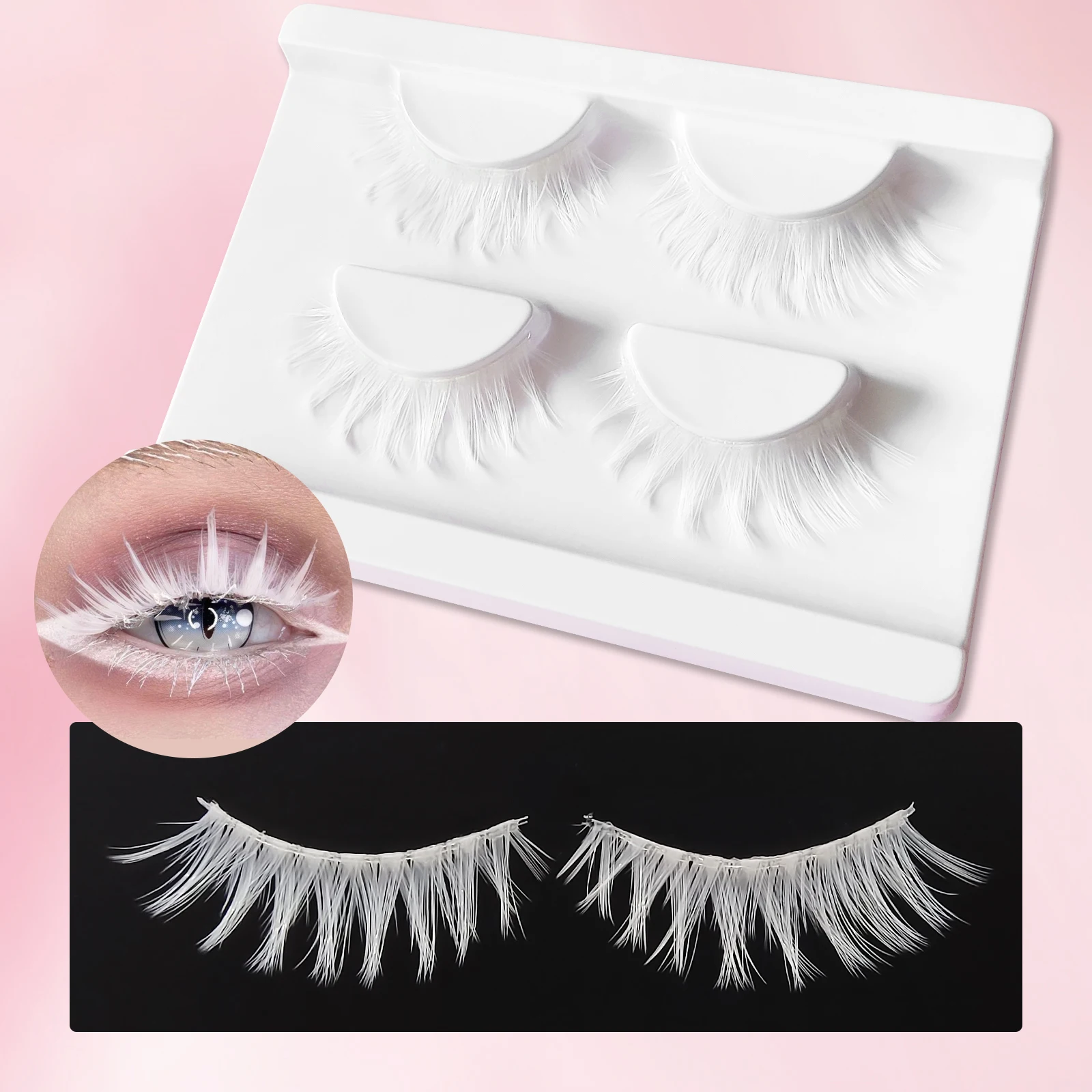 2 Pairs White Eyelashes Frozen Beauty Makeup Wedding Eyelash White Colored False Lashes for Cosplay Party Clear Bond Eyelashes