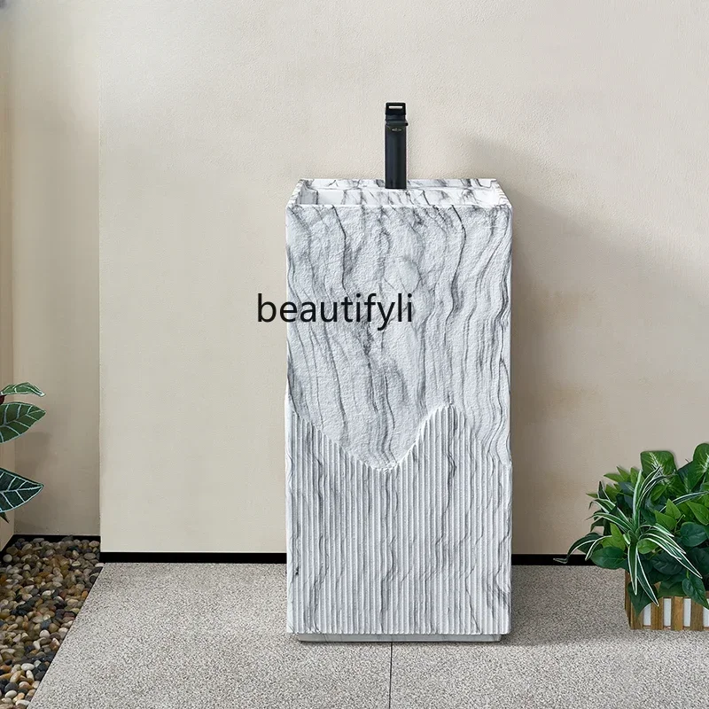 Marble Stone Pattern Art Square Pedestal Basin Integrated Floor Sink Personalized Creative Outdoor Column Wash Basin