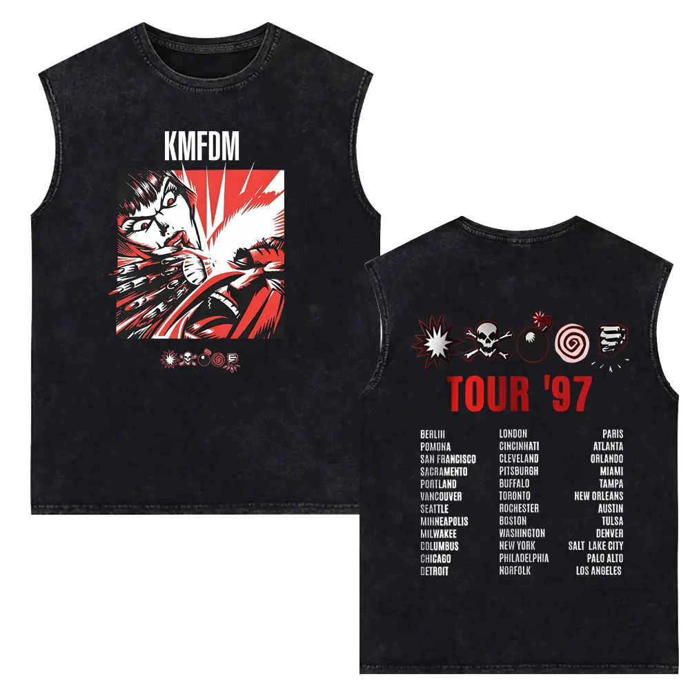 Rock Band Kmfdm Symbols Tour 97 Vintage Washed Tank Tops Men Retro Gothic Punk Sleeveless Vest T Shirt Male Oversized Streetwear