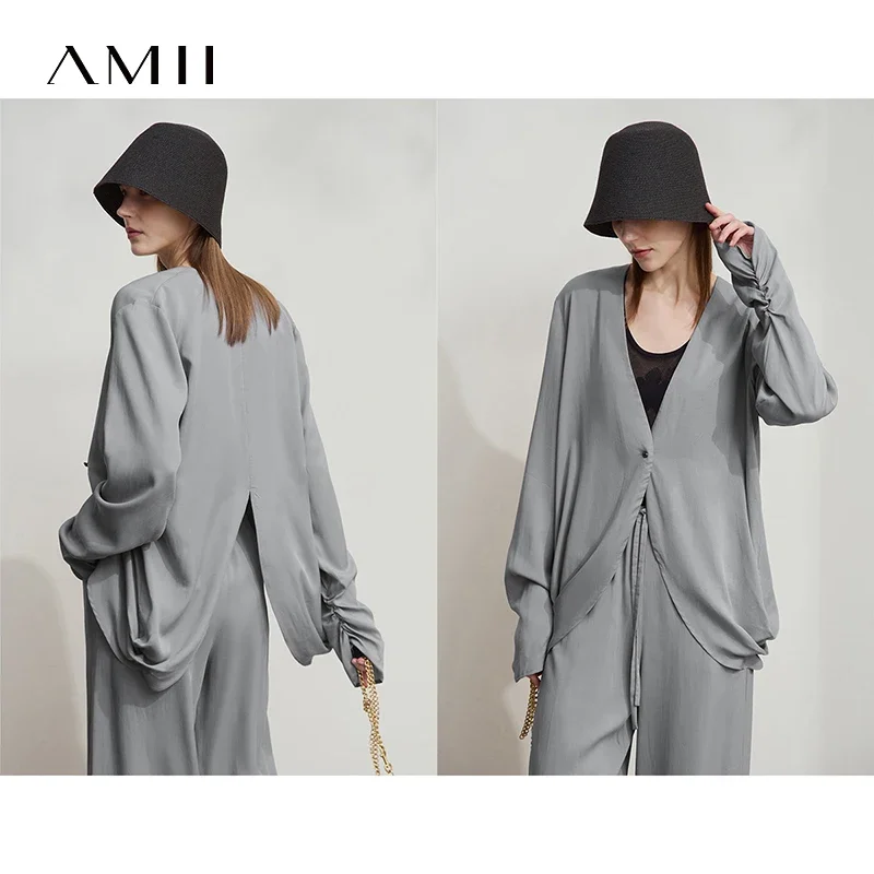 Amii Minimalist Women's Chiffon Shirt Trousers Two Piece Set 2025 Spring Lyocell Solid Split Ended Rear Commuter Suit 12541065