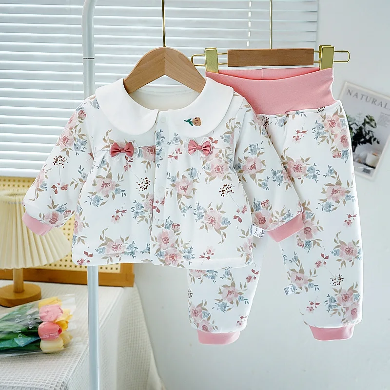 Baby Girsl Winter Cotton Padded Jacket Floral Coat Suit Clothes Outfit Set Children's Outerwear Tops +Pants 2PC 0-8Yeas