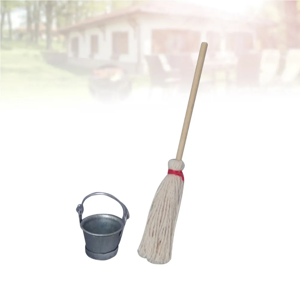 

2Pcs Miniature Cleaning Tools Creative Fairy Garden Mop Bucket Set 12:1 Scale Mini House Accessories Lightweight Handmade