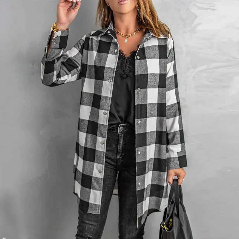 2025 nouvelle chemise à carreaux européenne et américaine femmes moyennes et longues à manches longues veste pour femmes chemise à carreaux haut