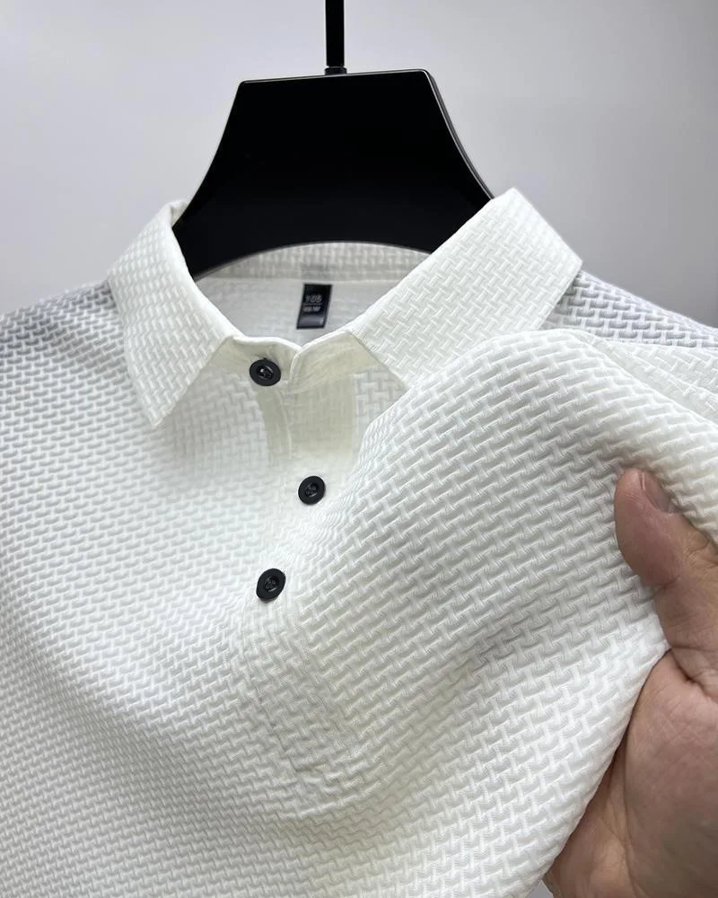 New high-end fabric fashion casual mesh ice silk short sleeve lapel T-shirt men\'s summer solid color comfortable knit polo shirt