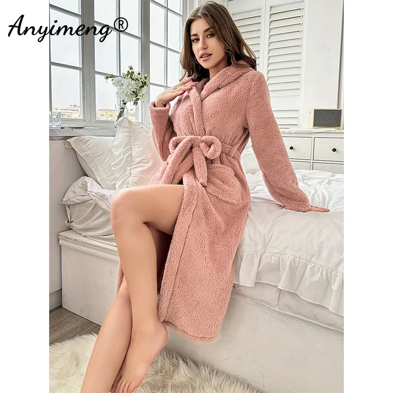 Woman Cozy Thermal Bathrobe Fluffy Long Sleeves Soft Nightwear Winter Women Robes Warm Coral Hooded Gowns Casual Hoodies Robe