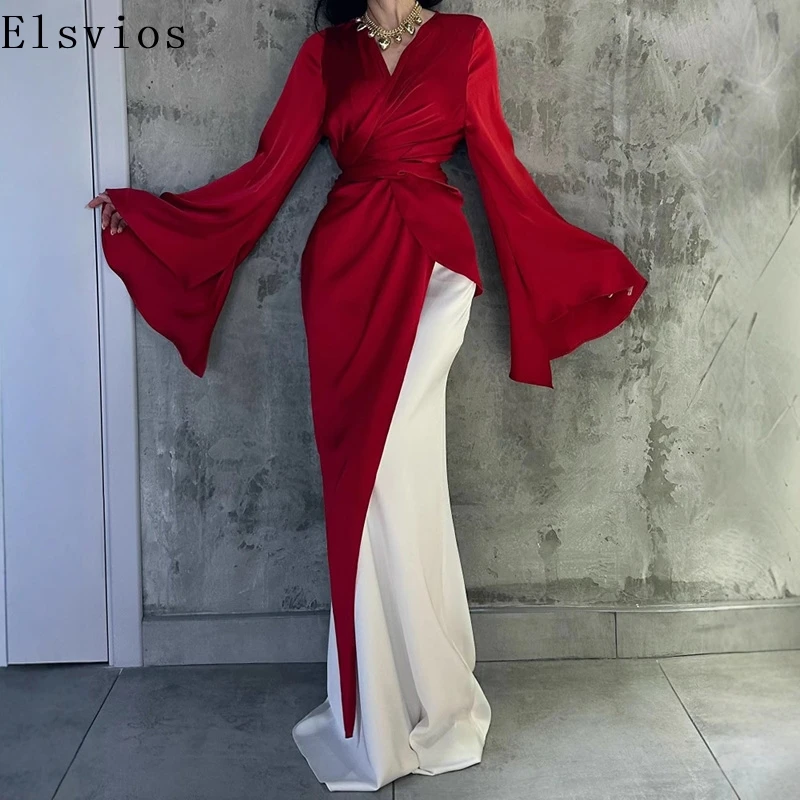 

Женские роскошные шелковые платья с расклешенными рукавами 2025 Женское атласное платье контрактного цвета, универсальное тонкое вечернее платье с v-образным вырезом на талии Mujer