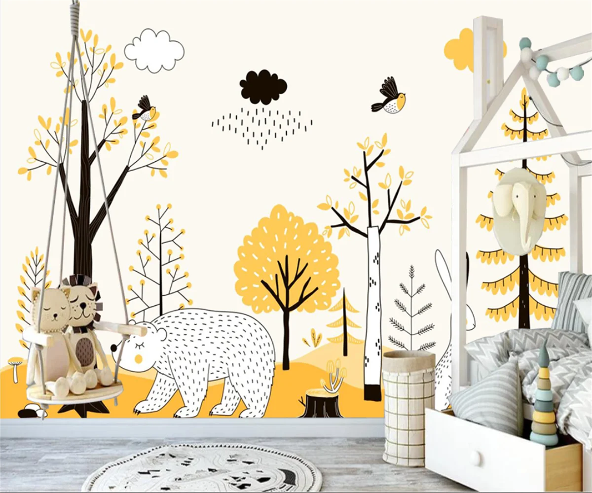 Customize any photo mural Nordic cartoon forest animals children\'s room background wall decoration wallpaper mural