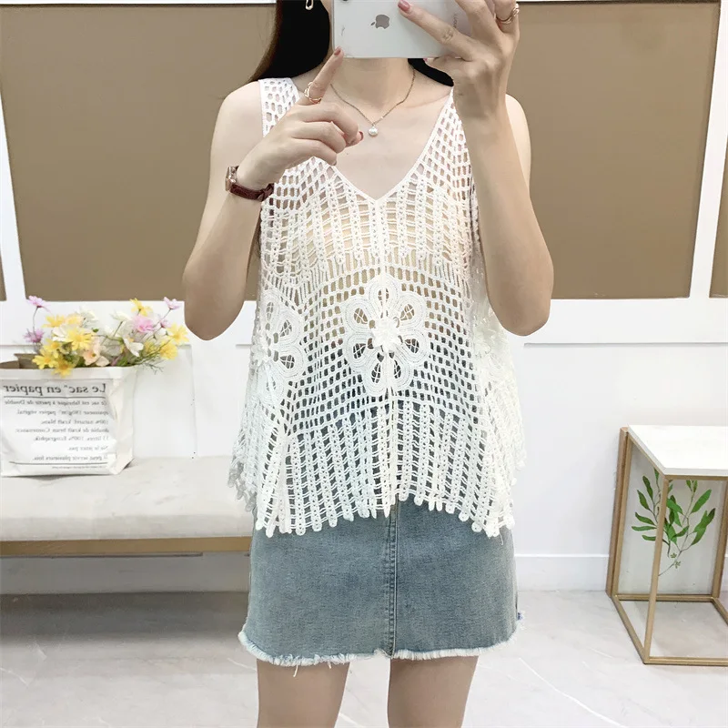 

Crocheted Hollow-Out Vest Jacket Women'S Summer Outdoor New Korean Style White Loose Youthful-Looking Sling Blouse