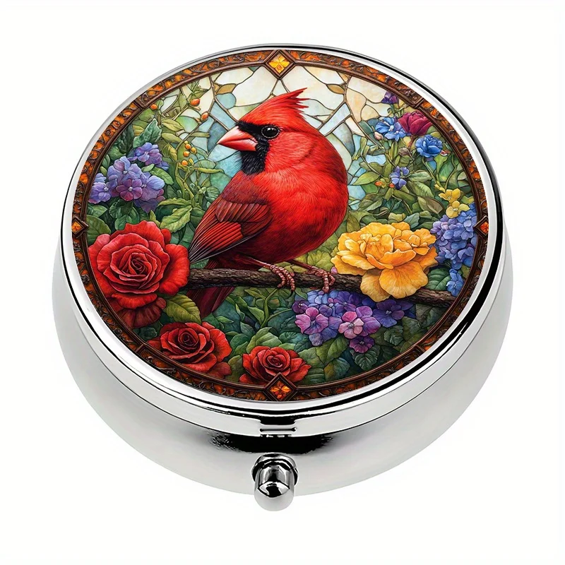 Single pack, wallet-style pill box with 3 compartments, decorated with a cardinal bird pattern, or a portable mini pill box in the form of a handbag, suitable for outdoor travel and office storage