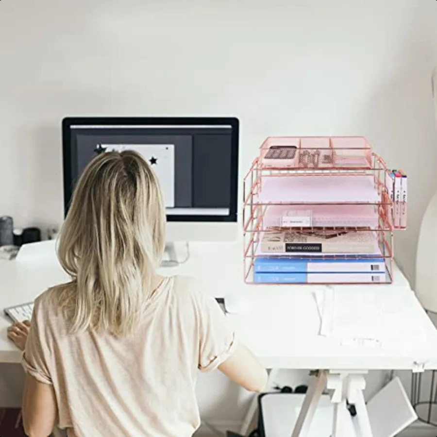 Vassoio per lettere Organizzatori di file di documenti da scrivania a 4 livelli Organizzatore di carta con portapenne Vassoio portaoggetti in rete a 3 scomparti carino Home Offi