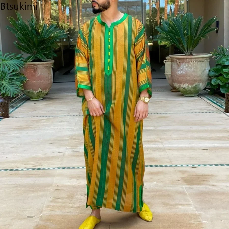 Robe longue arabe musulmane pour hommes, vêtements islamiques brodés, Jubba Thobes zones me, caftan marocain, robe de prière Eid, nouvelle mode 2025