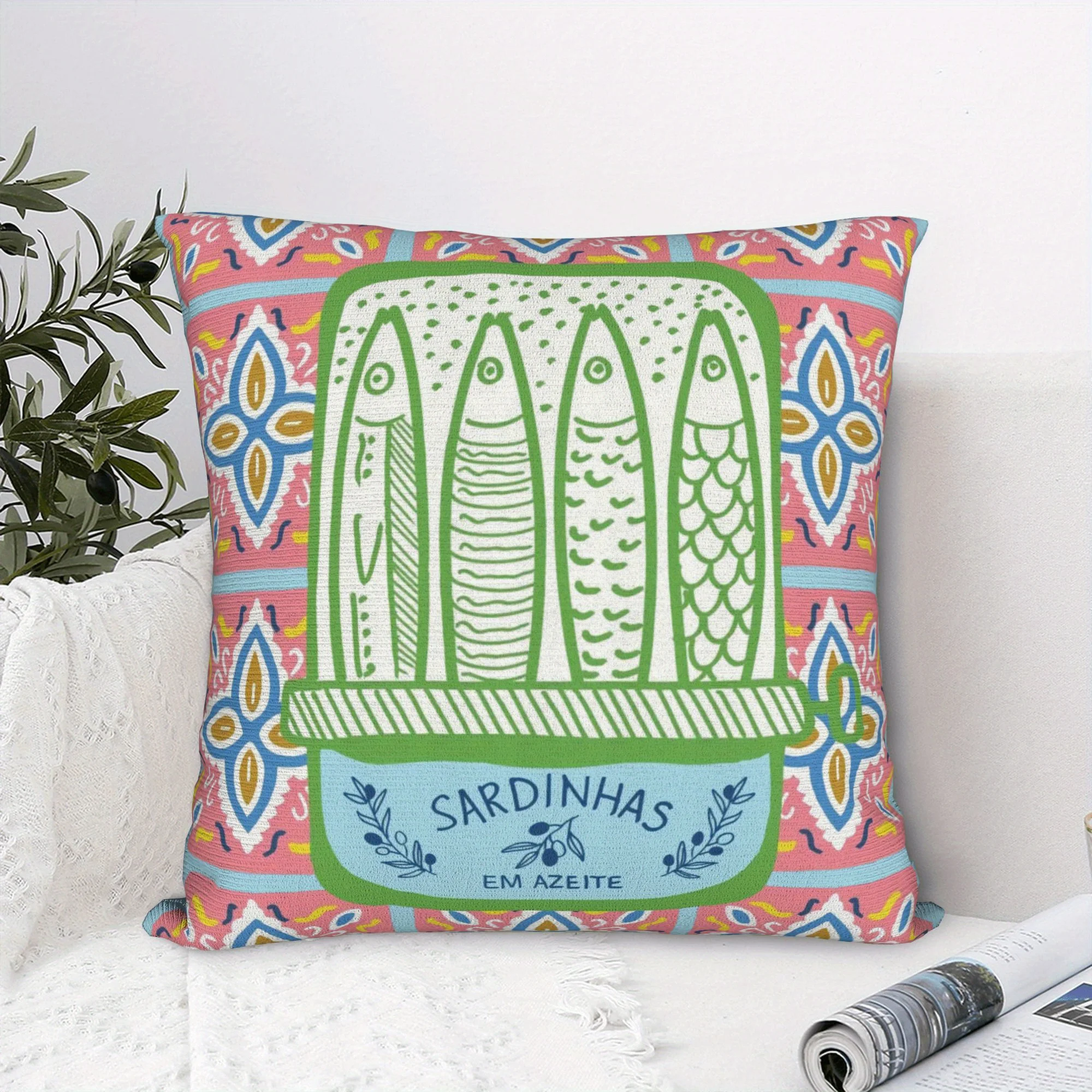1pc Sardine Can Pillow Cover Bright Pink Blue Floral Green Border Zipper Machine-Washable Soft Sofa Living Room Decor