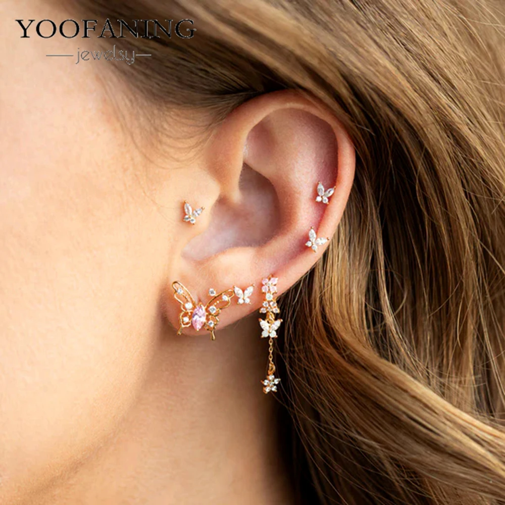 

YOOFANING 925 Sterling Silver Ear Needle Sweet Romantic Flower Design White Zircon Wedding Fashion Women's Jewelry Earrings