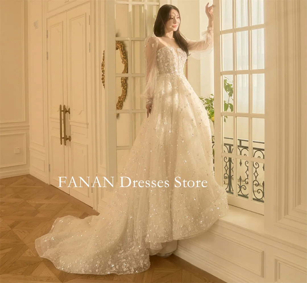 FANAN Korea O-Neck Wedding Dresses 웨딩드레스 Long Sleeves A-Line Glitter Tulle A-Line Classic Custom Made Bride Gowns Plus Size