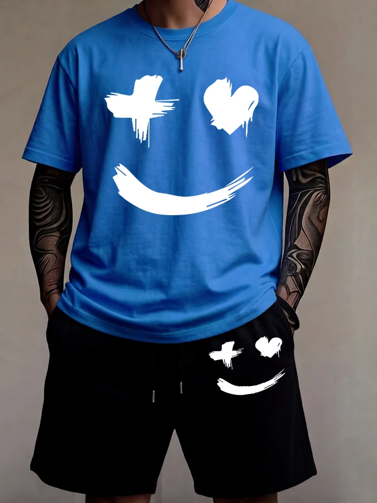 Creative Funny Faceprints Man'S Cotton Soft Tops Set Fashion Beach Running T Shirts Drawstring Summer Short Pants Simple Clothes