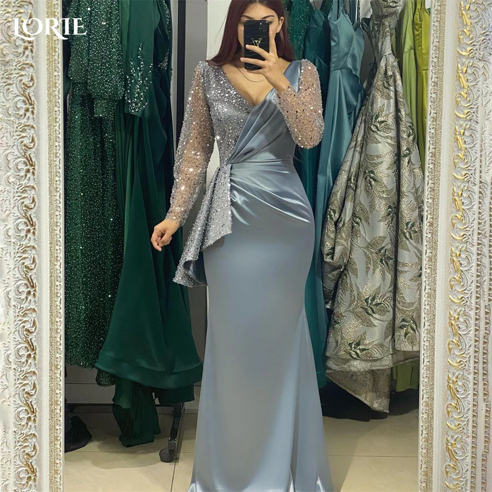 LORIE Glitter Elegant Mermaid Evening Dresses Sparkly V-Neck Long Sleeves Pleated Prom Dress Ruffles Shiny Satin Party Gowns