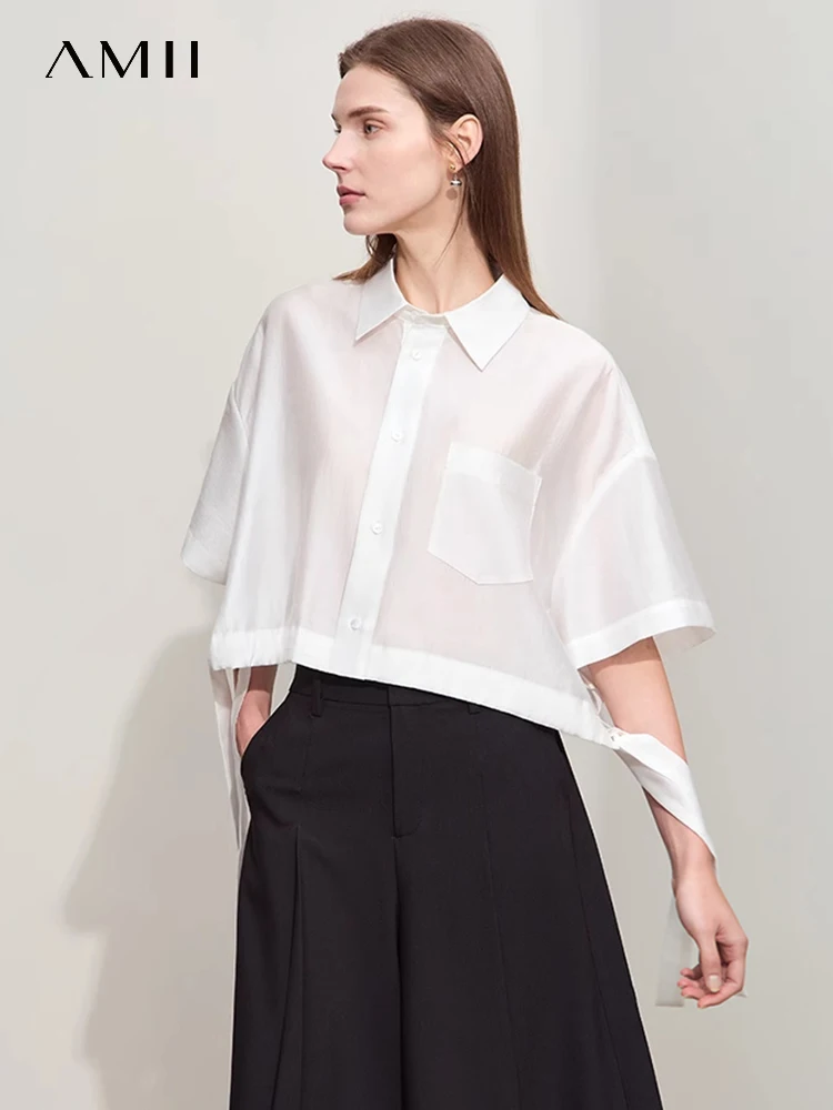 Amii Minimalism 2024 Women Shirt Summer New Lapel Casual Loose Short Belt Female Drop Sleeves Solid Fashion Blouse Tops 12452020