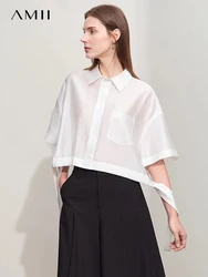 Amii-camisa minimalista para mujer, blusa informal holgada con solapa y cinturón corto, manga larga, color liso, 2024