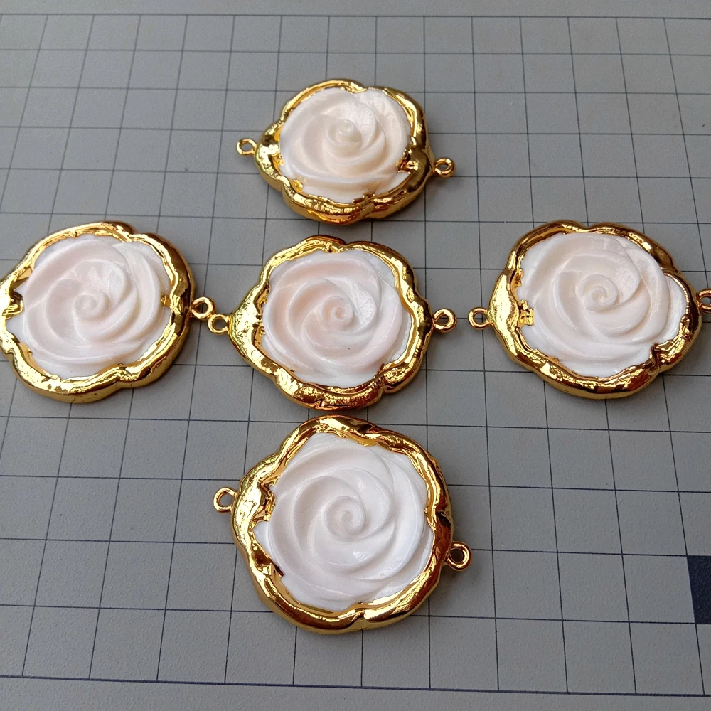 Wholesale 2 PCS 34mm Natural Pink Shell Carved Flower  gold plaetd Double Ring Connector