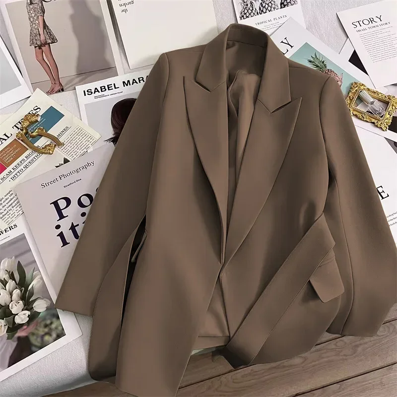 Spring Autumn Hot Sale Of The Season Korean Style Women's Slim Fit Suit Jacket Coffee Color Belted Fashionable Small Western Sty