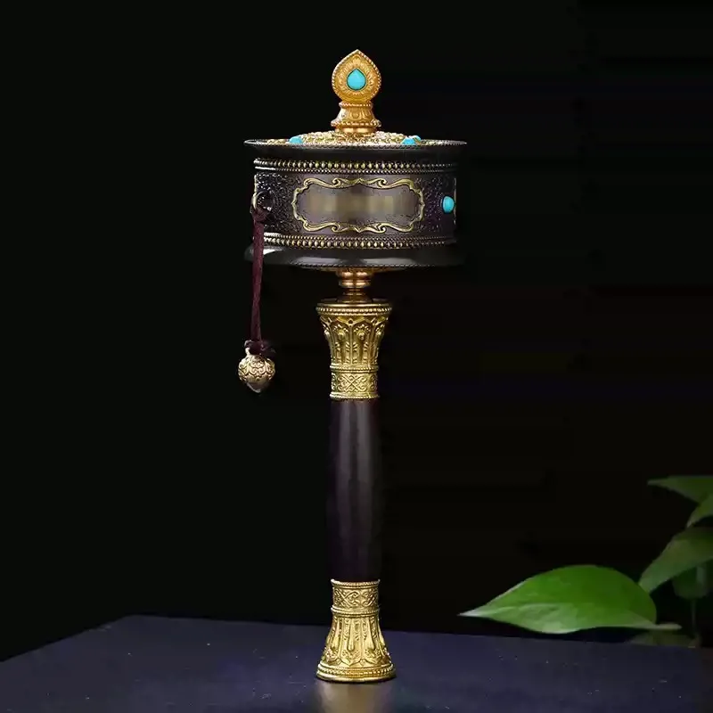 Tibetan- brass retro hand-cranked prayer wheel ornament, ethnic-style decorative item, handheld with a wooden handle and do