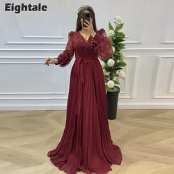 Eightale Evening Dress for Wedding Party Customized Chiffon V-Neck Glitter Arabic Pleats A-Line Prom Gowns Long Sleeves Dress