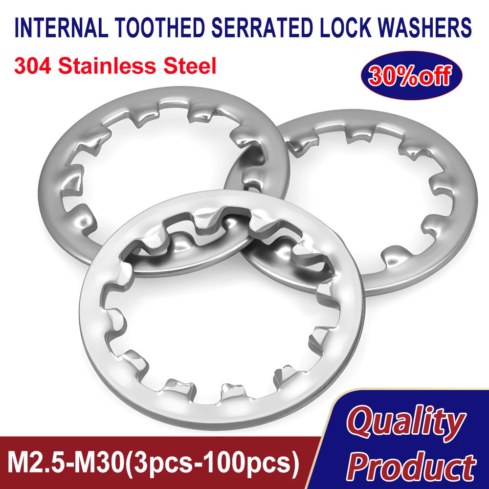 M2.5M3M4M5M6M8M10M12M14M16M20M22M24M30 304 A2-70 Stainless Steel  Internal Toothed Serrated Lock Washers Gaske 3pcs-100pcs