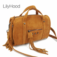 Women Genuine Leather Fringed Big Capacity Overnight Boston Shoulder Bag 2025 Street Fashion Casual Suede Rivet Short Handle Bag