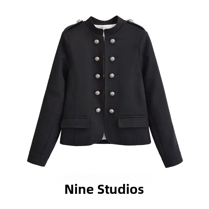 

NINE ZAR Women's Slim Fit Jacket with Shoulder Pads Double Row Buttons Fashionable Outerwear Top Polyester Fiber Long Sleeve