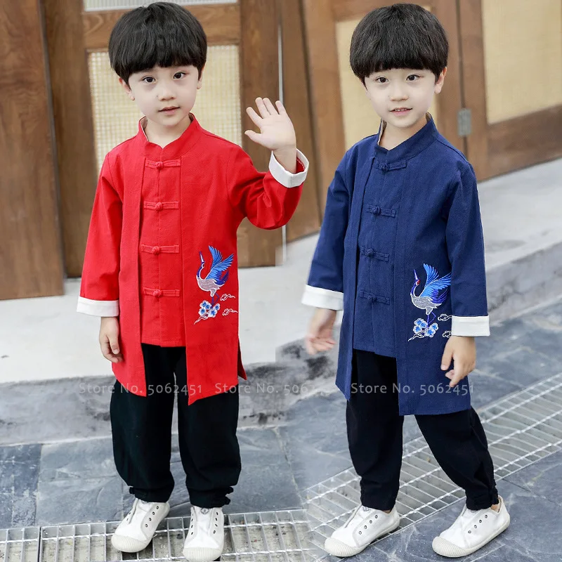 

Children Traditional Chinese Hanfu Tang Suit Crane Embroidery Kids Boy T-shirt Pants Outfits Tai Chi Kung Fu Performance Costume