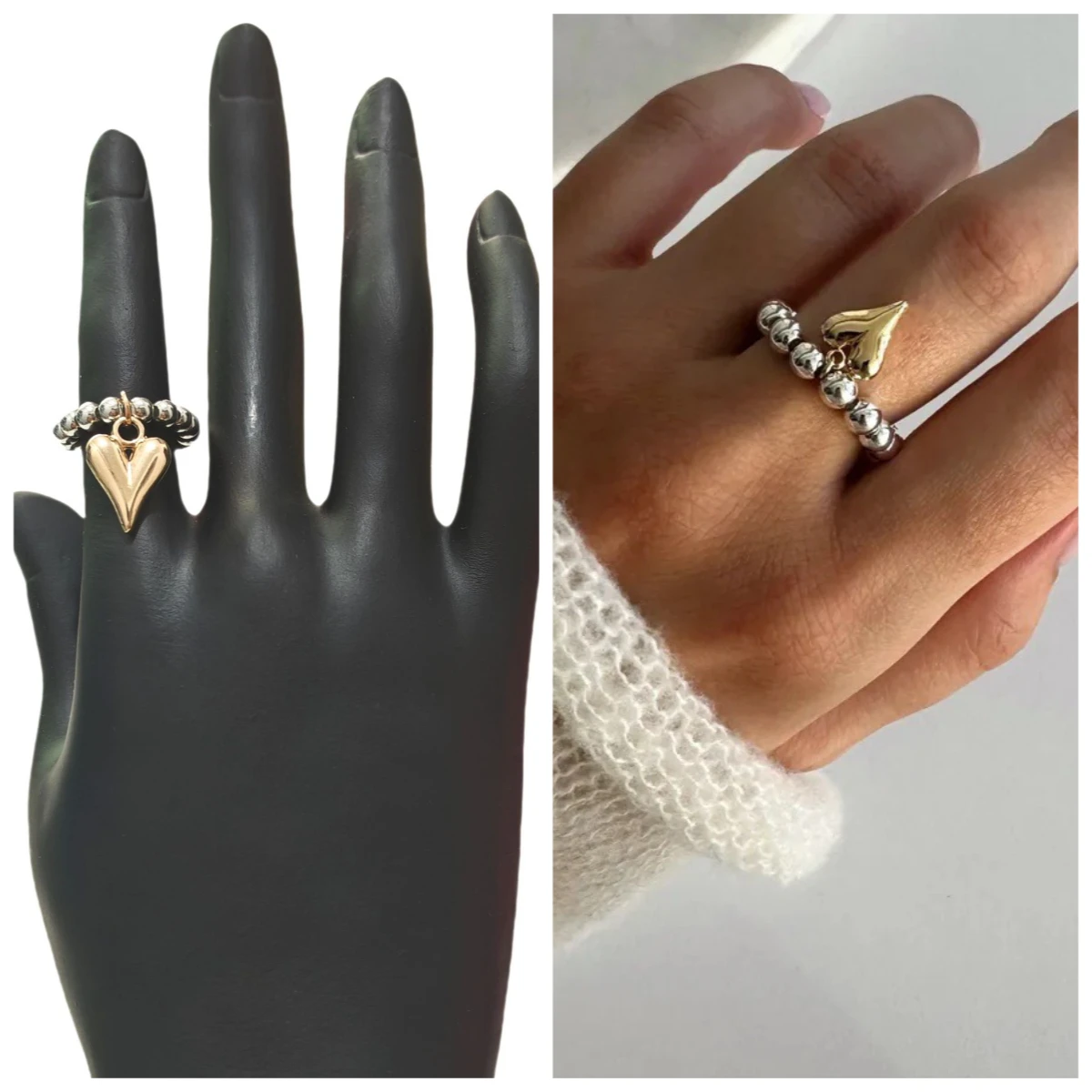 Creative Metal Heart Elastic Rope String CCB Round Bead Ring Gold Heart Pendant European and American Adjustable Ring