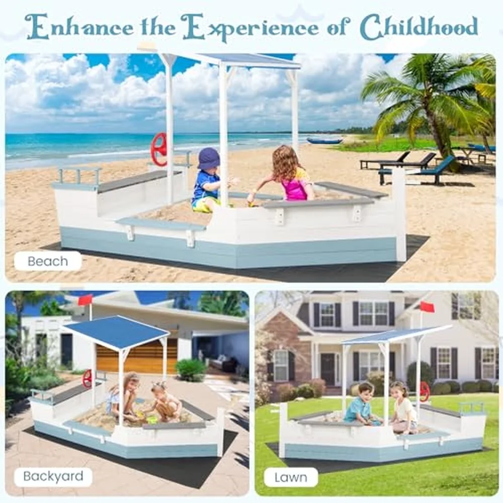 Pirate Ship Kids Sandbox Wooden Sand Box w/Storage Bench Seat Ground Liner Sandpit Boat w/Rudder Buoy Realistic Flag