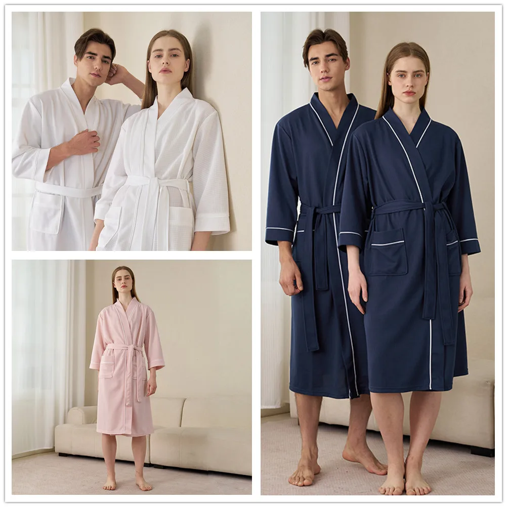 Unisex Waffle V-Neck Bathrobe Wrap Belted Robe with Pockets Absorbent Loungewear Bathrobes for Hotel Homewear