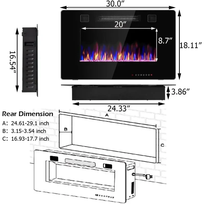 Chimenea eléctrica empotrable, calentador eléctrico de pared y montado en la pared con color de llama y velocidad ajustables, control remoto