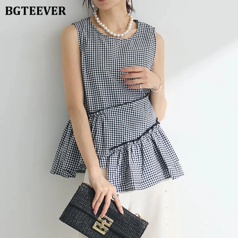 

BGTEEVER Summer Irregular Plaid Blouses for Women Casual O-neck Loose Sleeveless Female Shirts