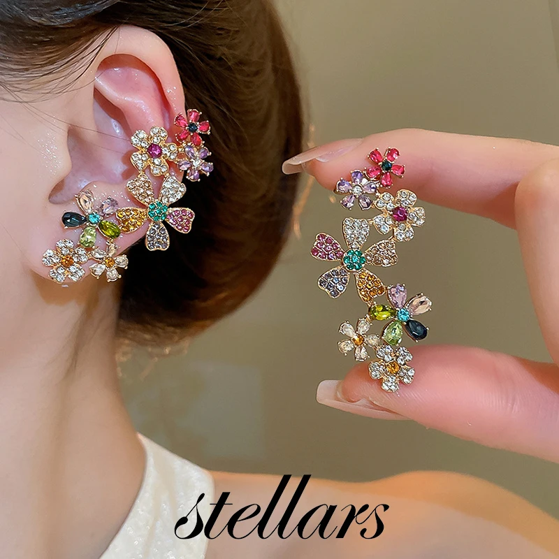 

Real Gold Plated Zircon Flower Stud Earrings Clip-On All-In-One Lightweight Luxury High-End Fashion Silver Needle