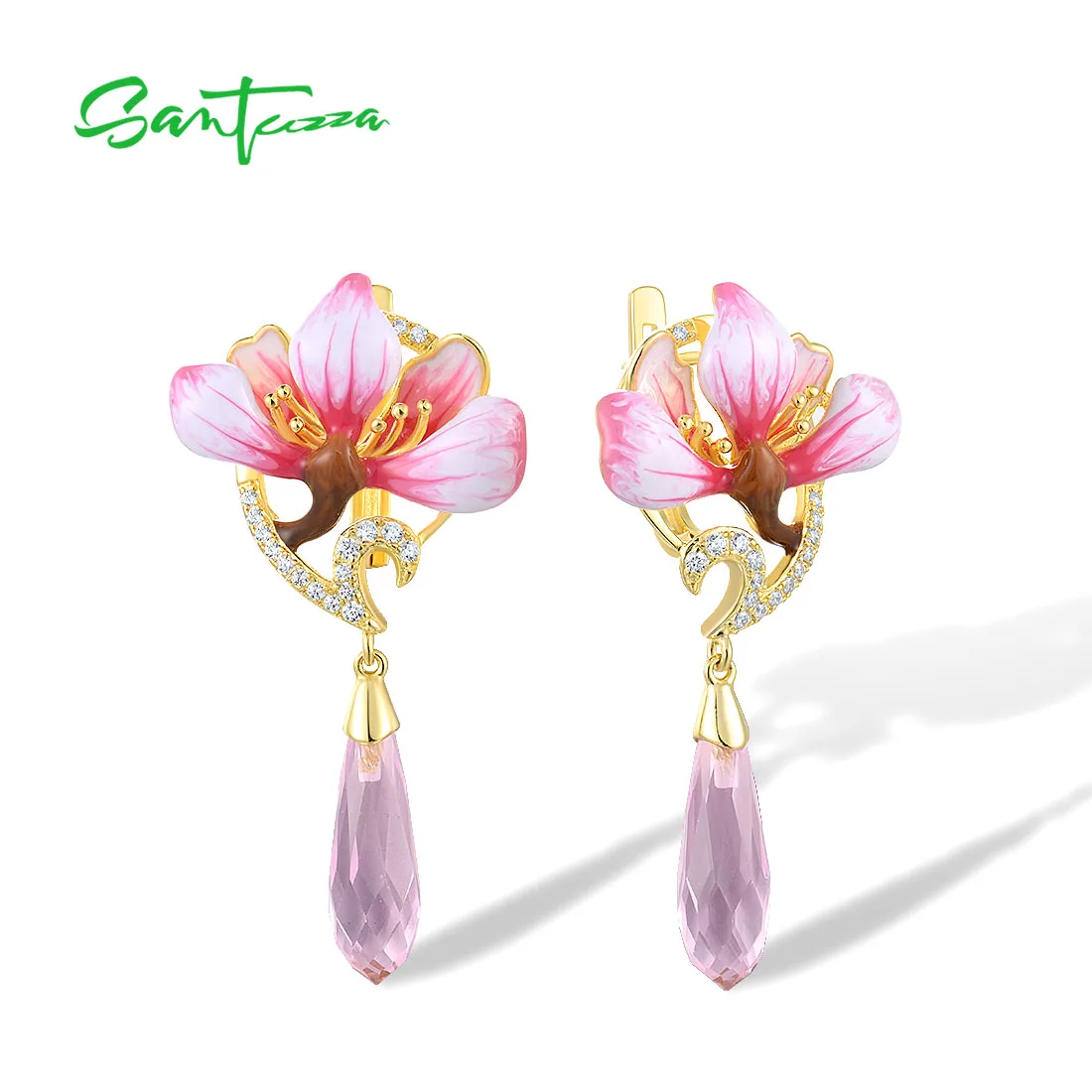 SANTUZZA Pure 925 Sterling Silver Drop Earrings For Women Sparkling Pink Stones White CZ Flower Enamel Fine Jewelry Handmade