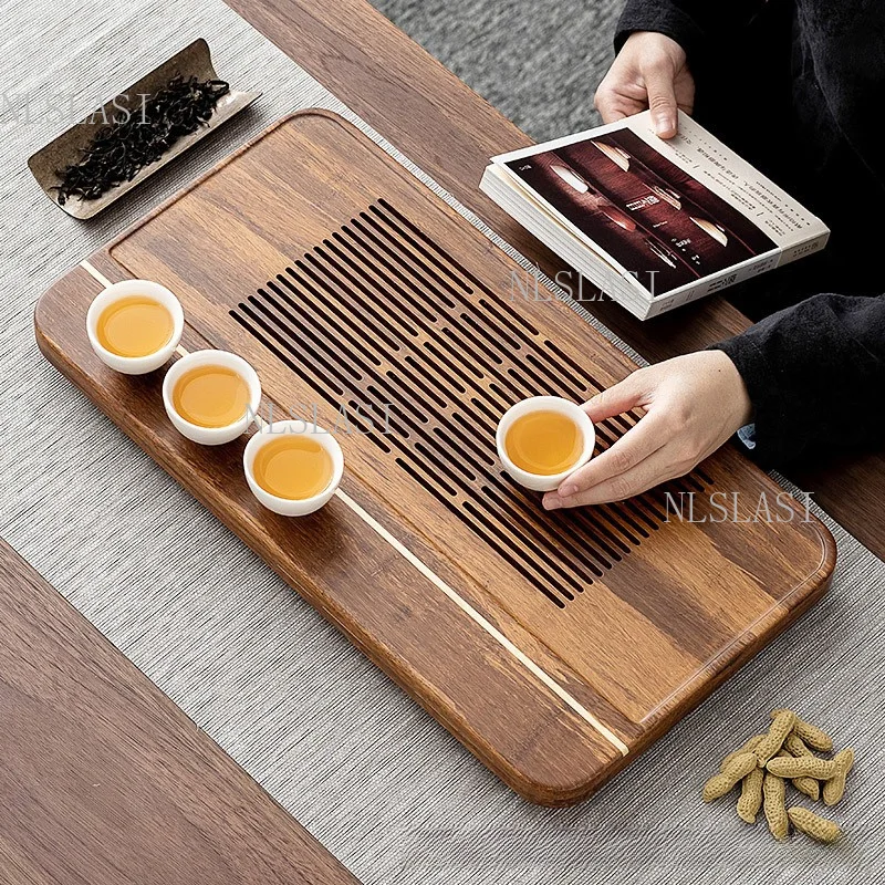 Bamboo Water Storage Tea Tray Rectangular Slotted Drainage Tea Table Board Two-tone Spliced Bamboo Gongfu Tea Tray Teaware