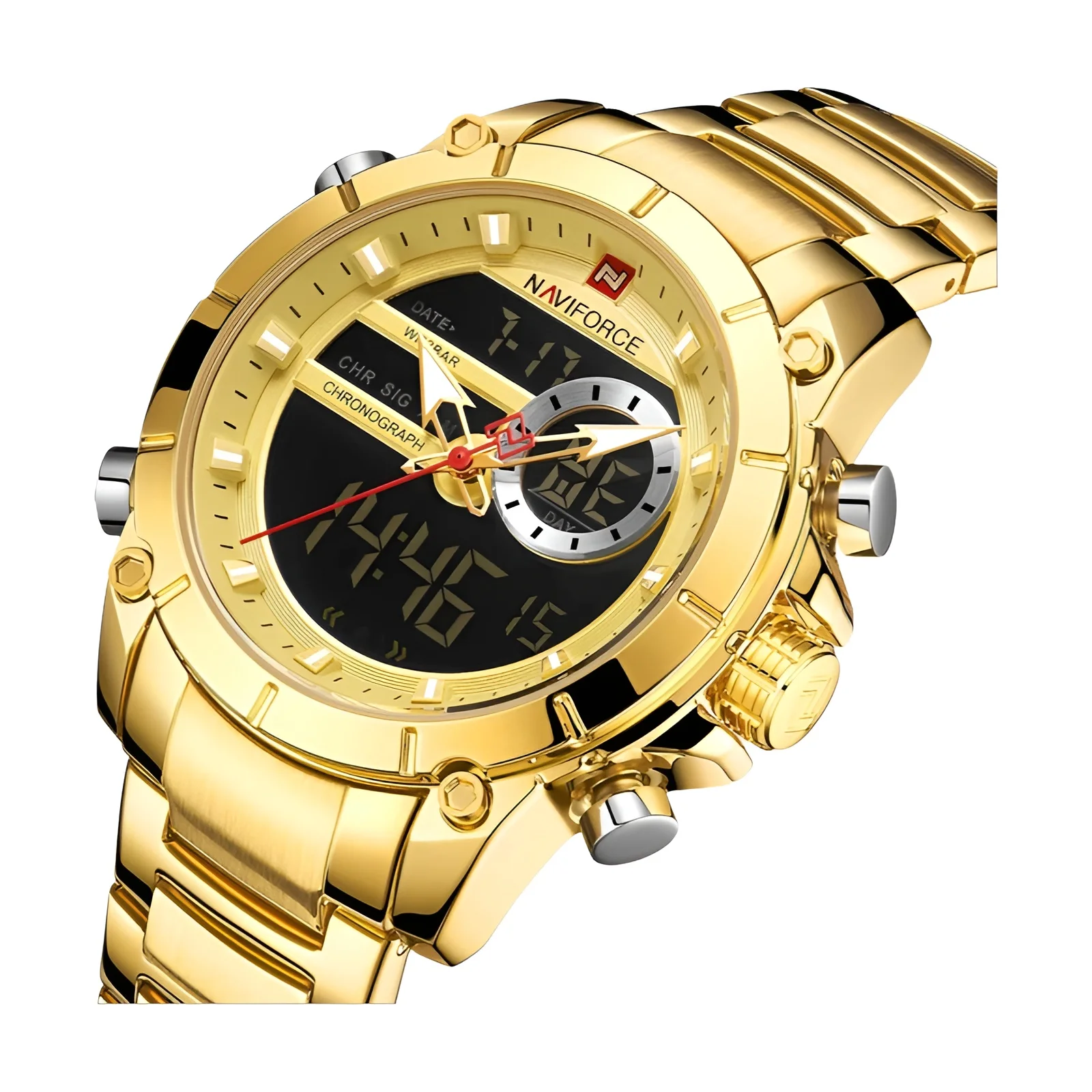 Naviforce 9163 luxo original esporte relógio de pulso para homens quartzo aço à prova dwaterproof água dupla exibição relógios militares relogio masculino