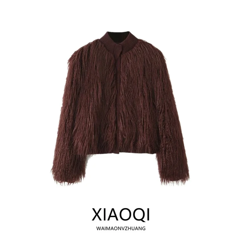 เสื้อโค้ทถักไหมพรมผู้หญิง รุ่นใหม่ สำหรับฤดูใบไม้ร่วงและฤดูหนาว ดีไซน์ขนเฟอร์เทียม สไตล์หรูหรา รุ่น 35806