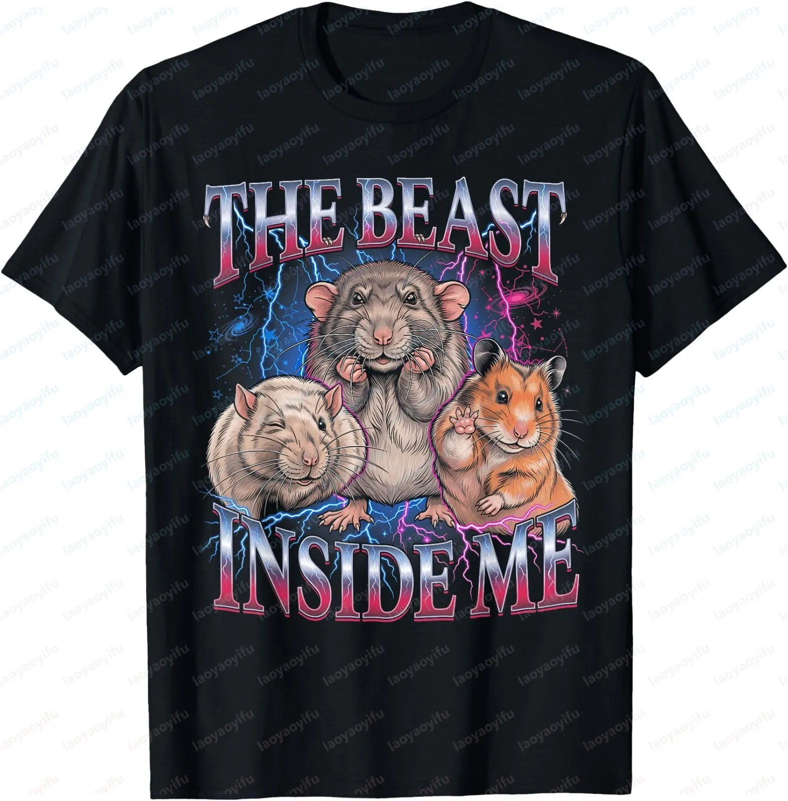 The Beast Inside Me Retro Funny Rat Meme Bootleg Graphic T-shirt Short-sleeved Round-neck Stylish Casual Loose Unisex T-shirt
