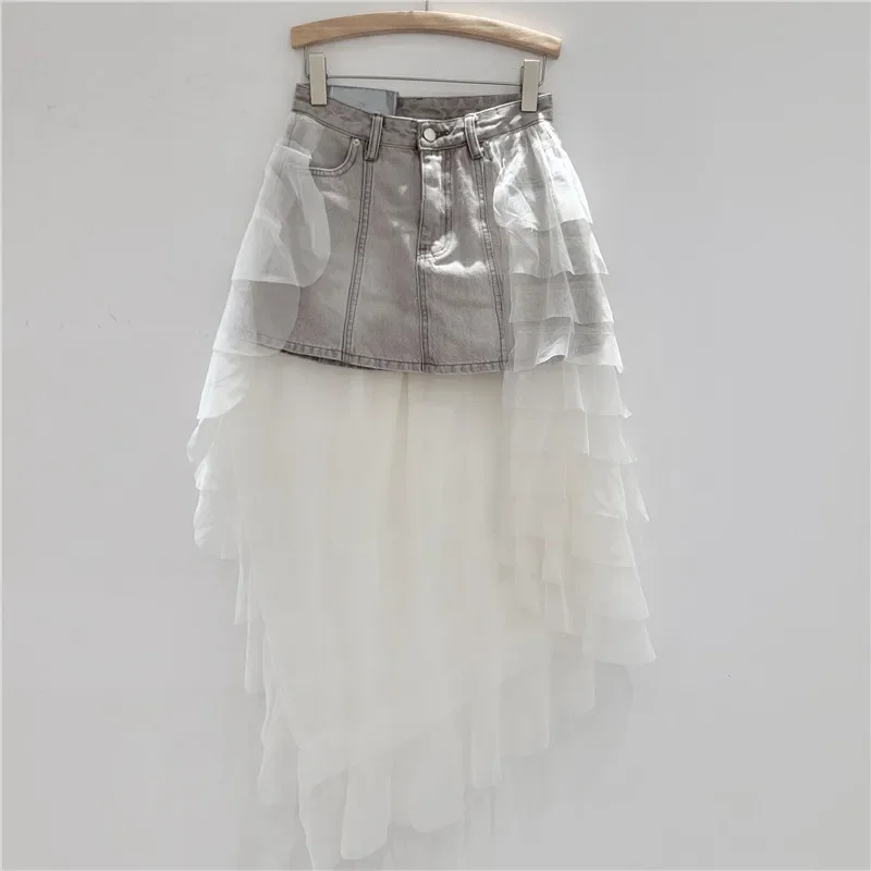 Mesh Stitching Fairy Cake Denim Skirt Female Summer 2025 Age-reducing Spice Girl High Waist Slim Fashion Short Skirts for Women