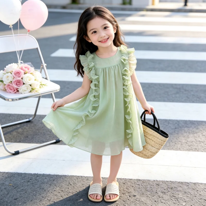 Girls' Summer Ruffled Dress Lightweight Casual Loose Sleeveless A-Line Sundress Beach Dress for Leisure Home Daily Wear