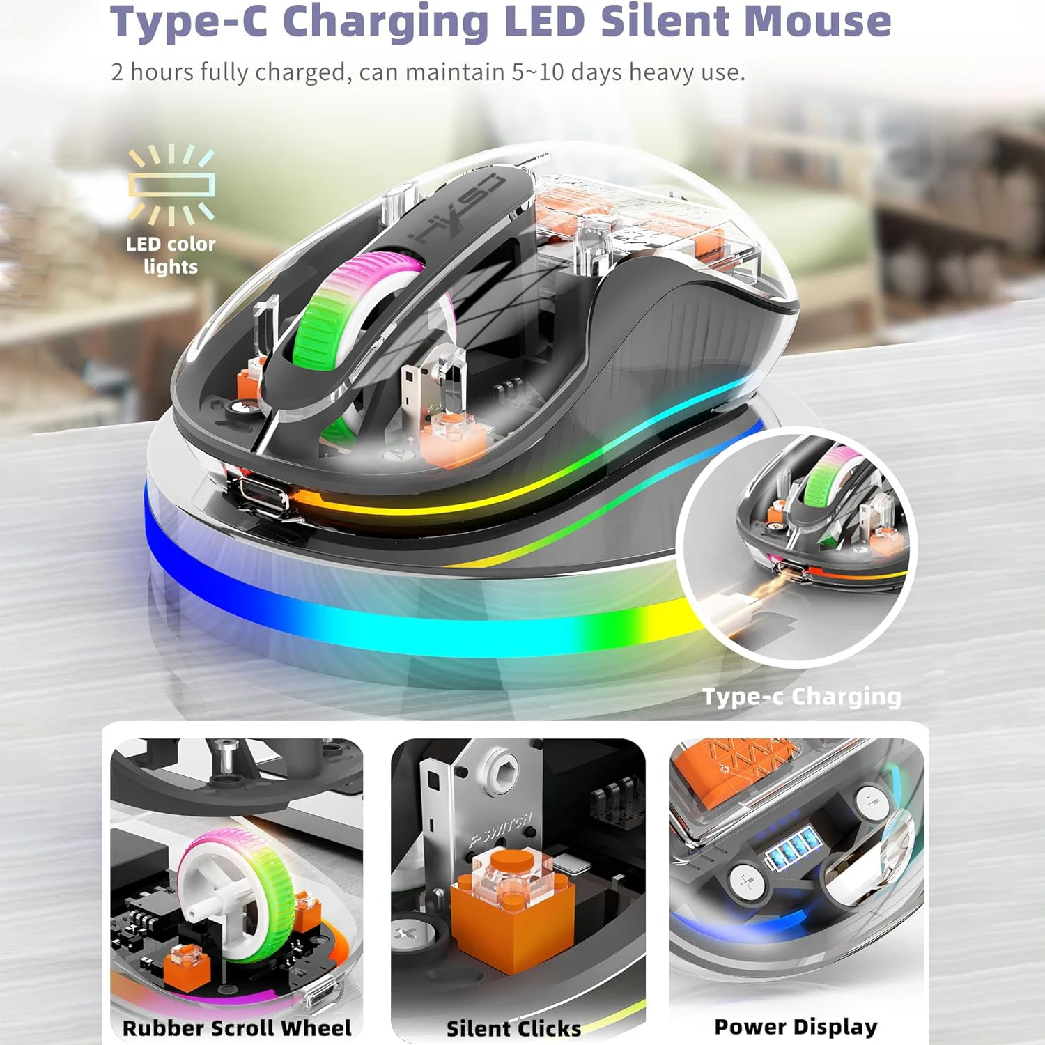 Wireless 3 Modes Transparent Mouse 2.4G USB Type C and Bluetooth Silent RGB Backlight Mice for iPhone iPad Macbook Phone Laptop